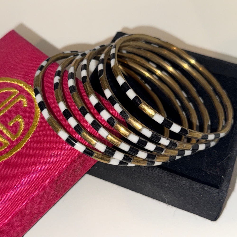 BudhaGirl Veda Bracelet set Gold & Black-White Striped Stackable Bangle